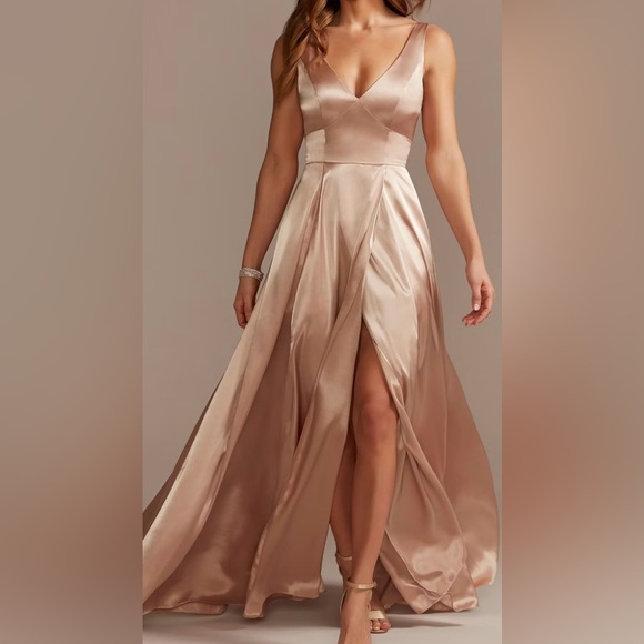 David’s Bridal Galina Signature Charmeuse Tank V-Neck Dress with Slit - Picture 1 of 4